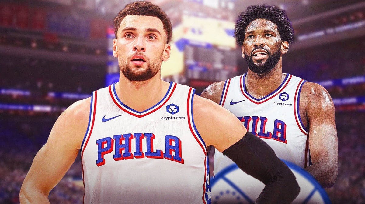 Zach LaVine in a Sixers jersey. Sixers' Joel Embiid smiling next to him.