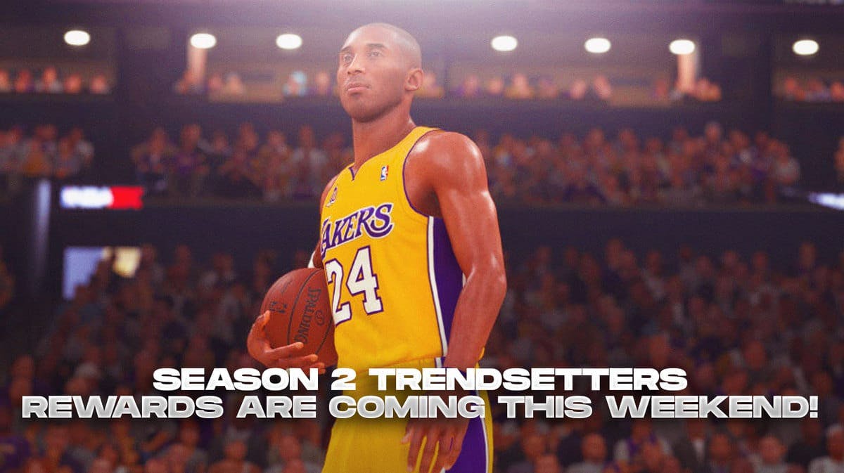 Kobe Bryant holding a basketball with the caption 'NBA 2K24 Season 2 Trendsetters Rewards Are Coming This Weekend!'