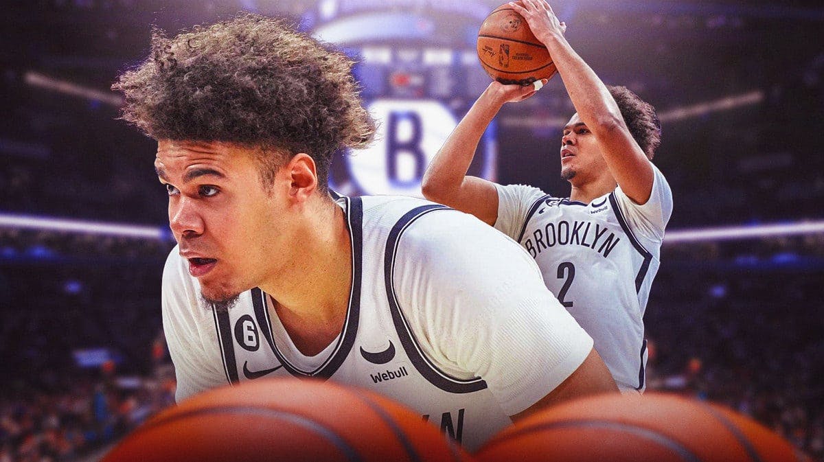 Nets' Cam Johnson looking serious in front. In background, have Nets' Cam Johnson shooting a basketball.