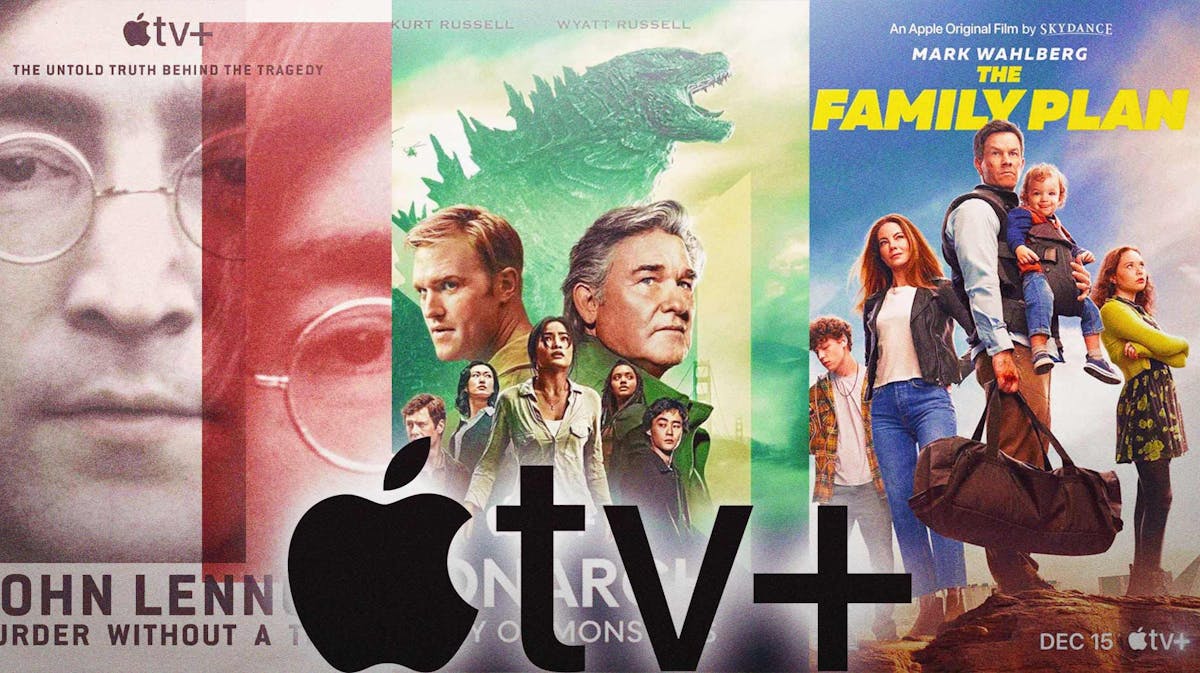Apple TV+ logo with John Lennon: Murder Without A Trial, Monarch: Legacy of Monsters, and The Family Plan posters.