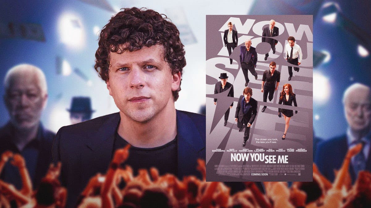 Jesse Eisenberg with a poster for Now You See Me.