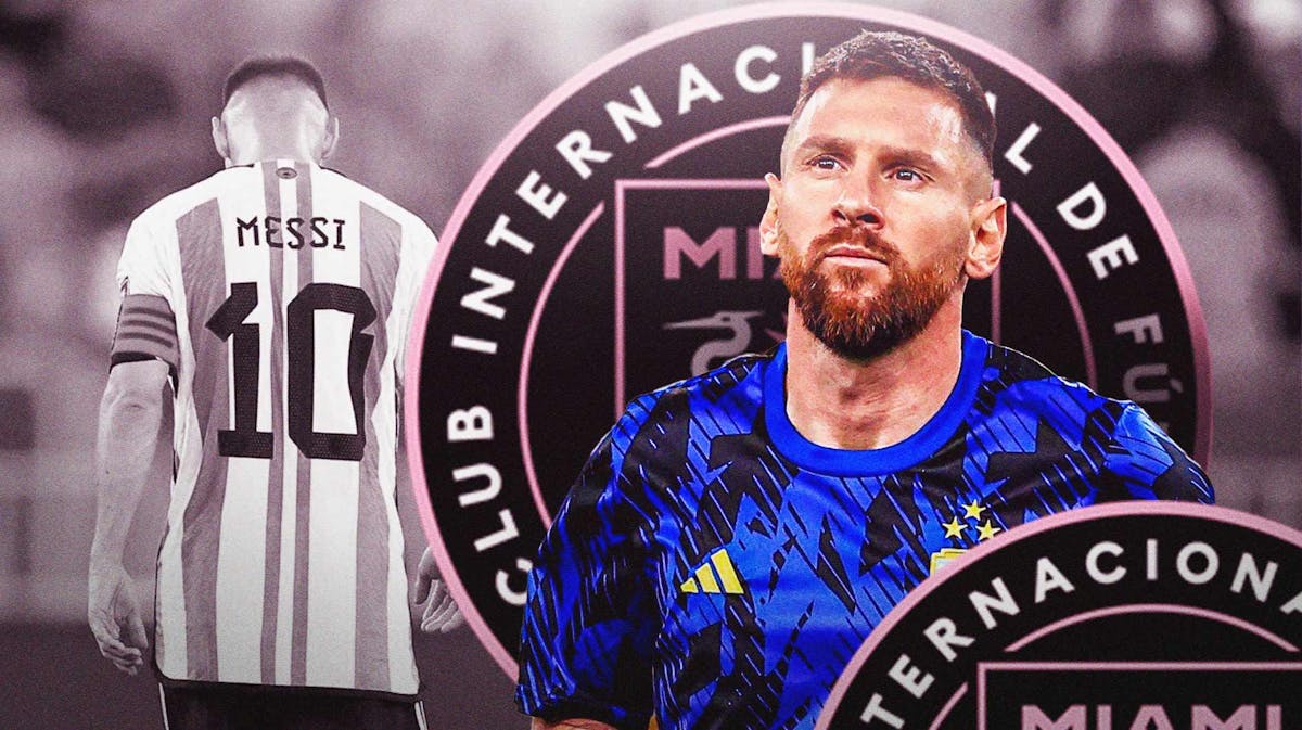 Lionel Messi looking down/sad in front of the Inter Miami logo