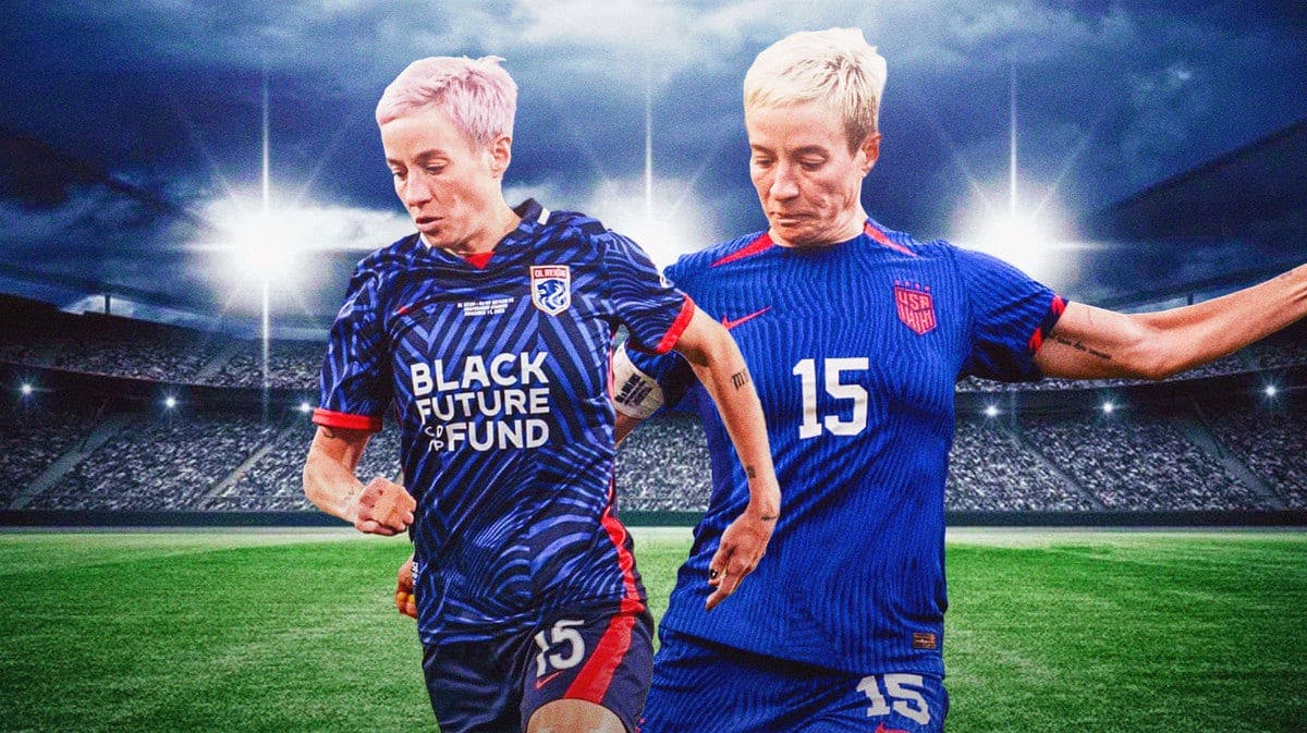 different cuts of NWSL's Megan Rapinoe playing soccer, at least one in her OL Reign uniform and at least one in her USWNT uniform