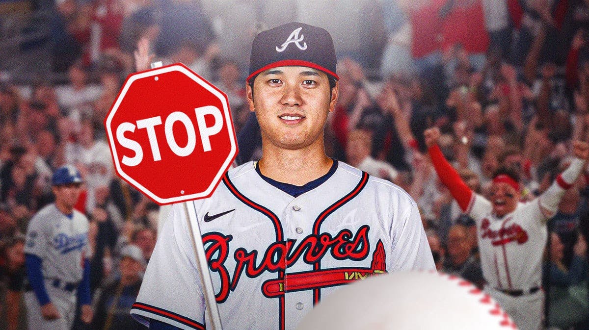 Shohei Ohtani in a Braves uniform. Place a stop sign next to him.