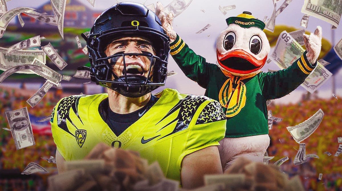 Oregon Ducks quarterback Bo Nix celebrating with the mascot and surrounded by money