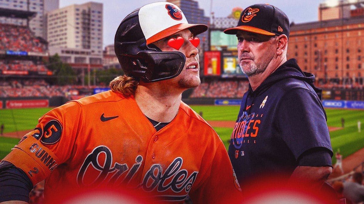brandon hyde of the orioles, gunnar henderson with hearts in eyes