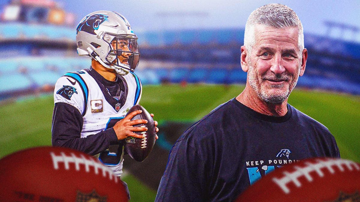 Panthers' Frank Reich smiling in front. Panthers' Bryce Young throwing a football in background.
