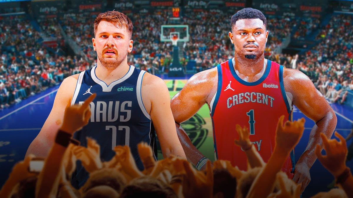 Zion Williamson and Mavs star Luka Doncic with the Pelicans NBA In-Season Tournament court