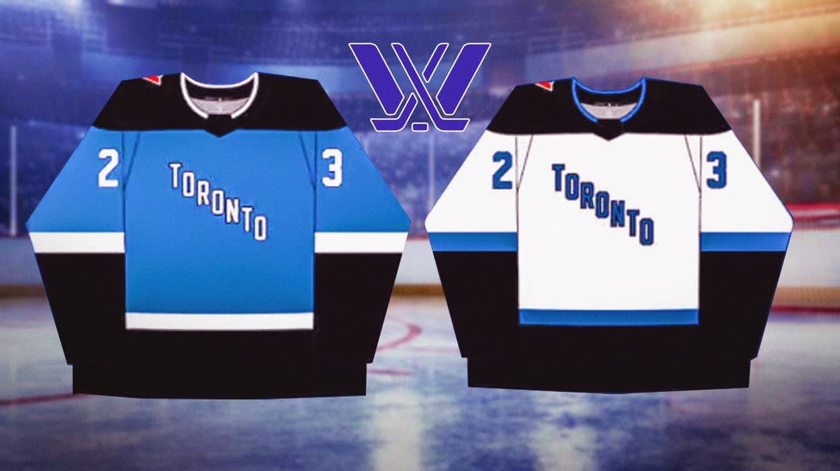 Cut-outs of the new PWHL jerseys with a hockey rink and PWHL logo in background