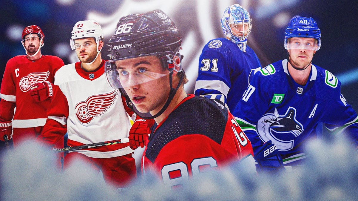 Jack Hughes, Elias Pettersson, Alex DeBrincat, Dylan Larkin, Jonas Johansson in image, NHL logo, hockey rink in background