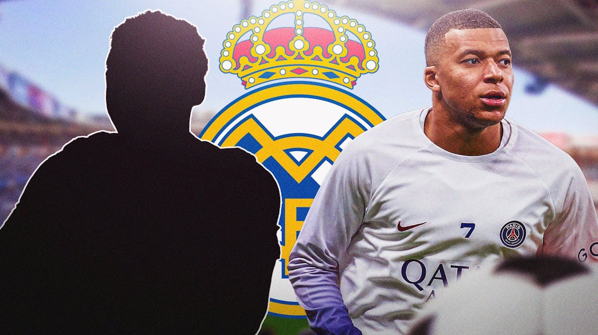 The silhouette of Jamal Musiala next to Kylian Mbappe, in front of the Real Madrid logo