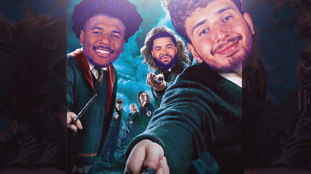 Alperen Sengun as Harry Potter in the poster, Jalen Green and Fred VanVleet as the other two in the background