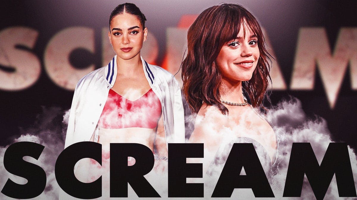 Melissa Barrera and Jenna Ortega in front of Scream logo.