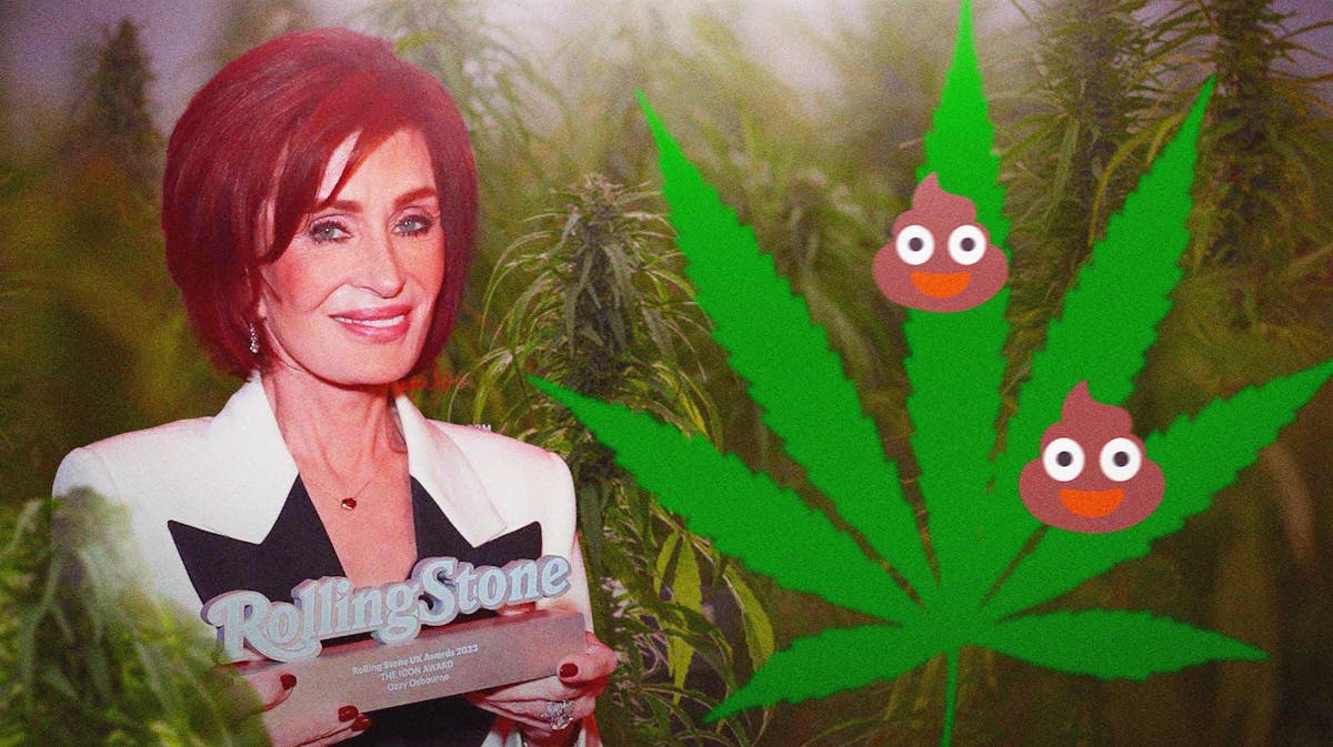 Sharon Osbourne with a pot image and poop emojis.