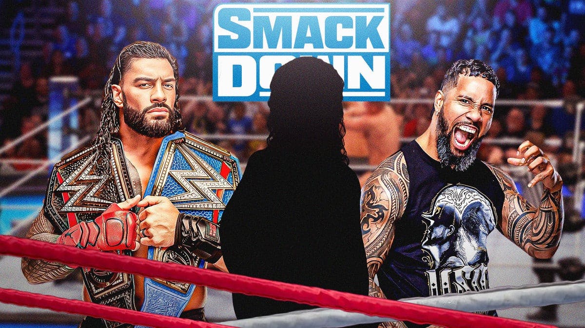 The blacked-out silhouette of Lance Anoa’i with Roman Reigns on his left and Jey Uso on his right with the SmackDown logo as the background.