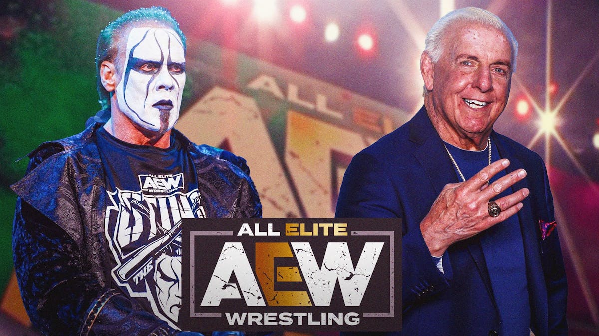 Sting next to Ric Flair standing in a snowy winter scene with the AEW logo in the background.