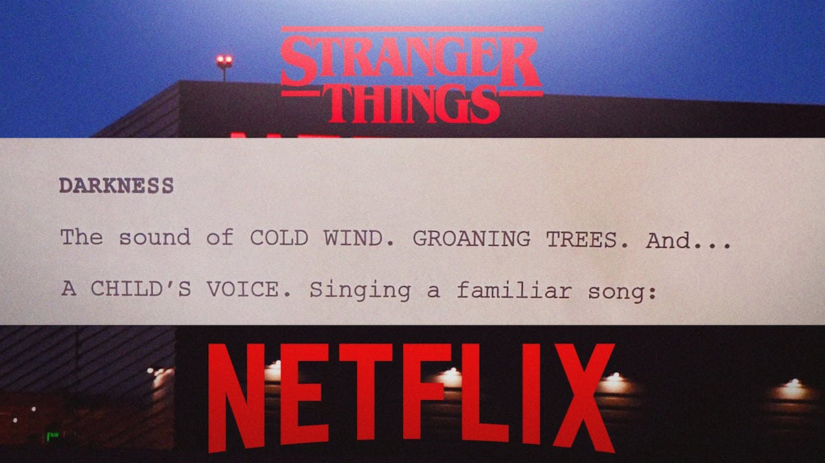 Stranger Things and Netflix logo (with building in background) and Season 5 tease from writers.