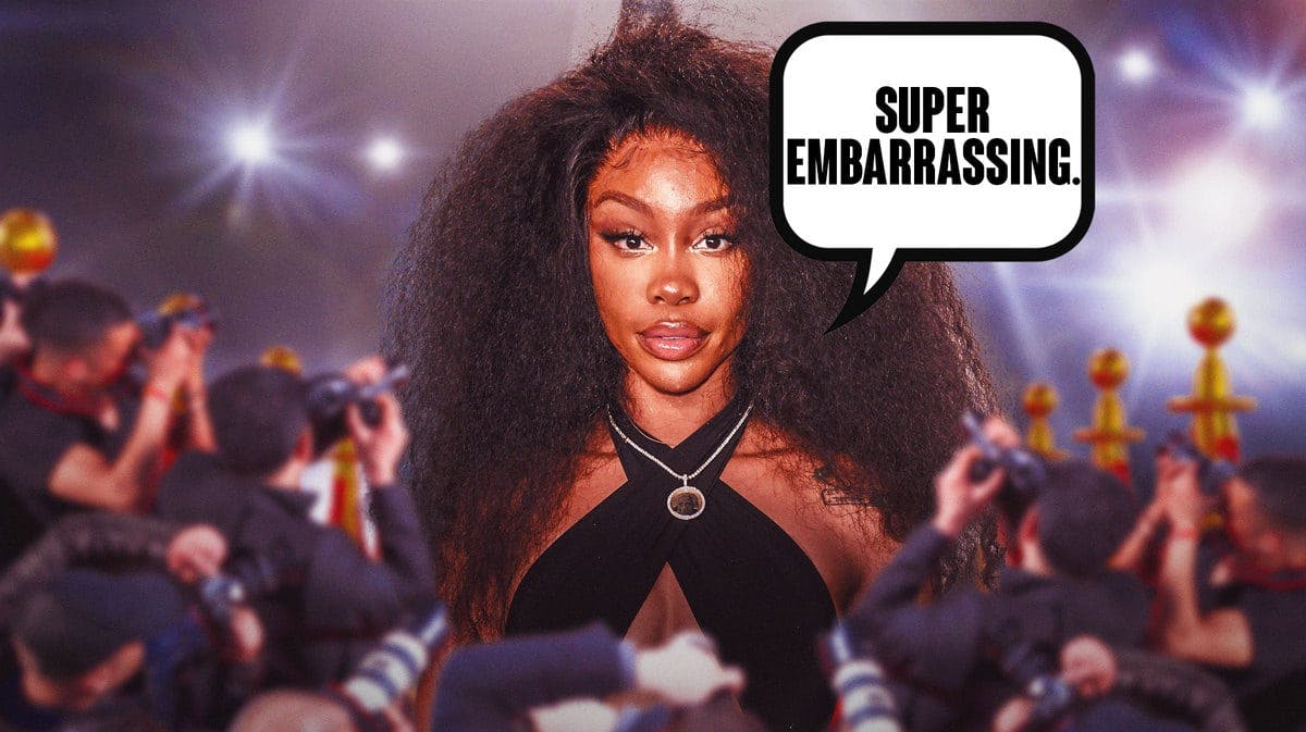 SZA with a speech bubble that says, "Super embarrassing."