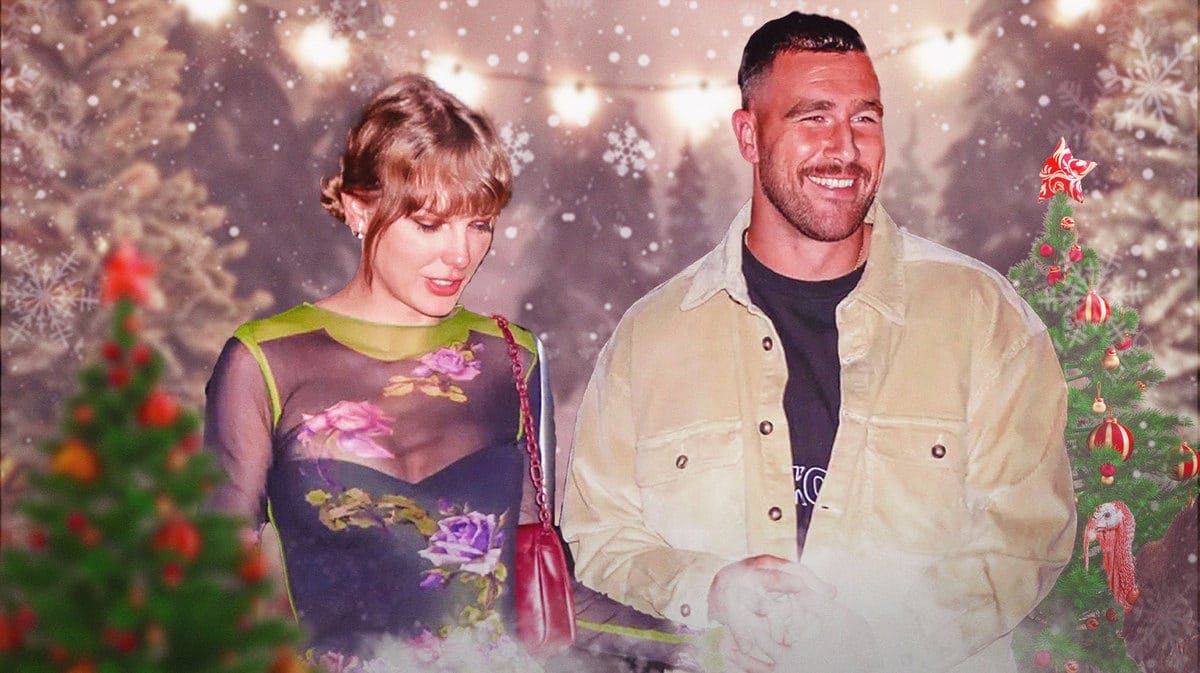 Taylor Swift and Travis Kelce holding hands with and a Christmas tree behind them