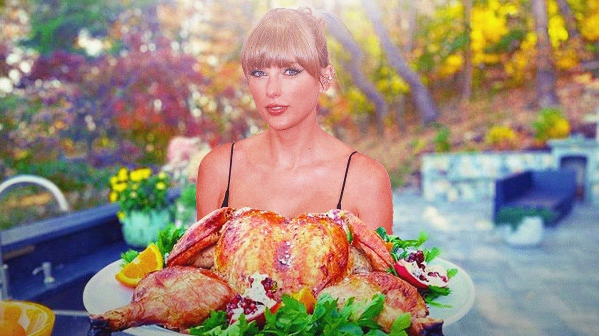 Taylor Swift holding a traditional Thanksgiving turkey
