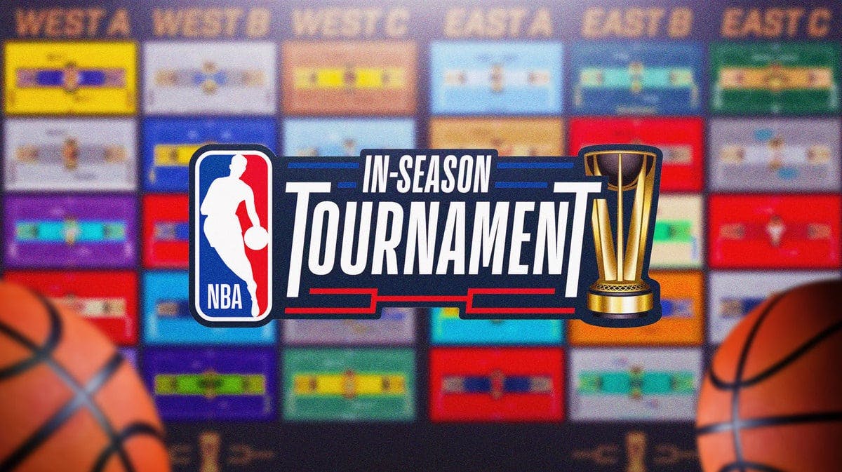 The 30 NBA In-Season Tournament courts with the In-Season Tournament logo in front