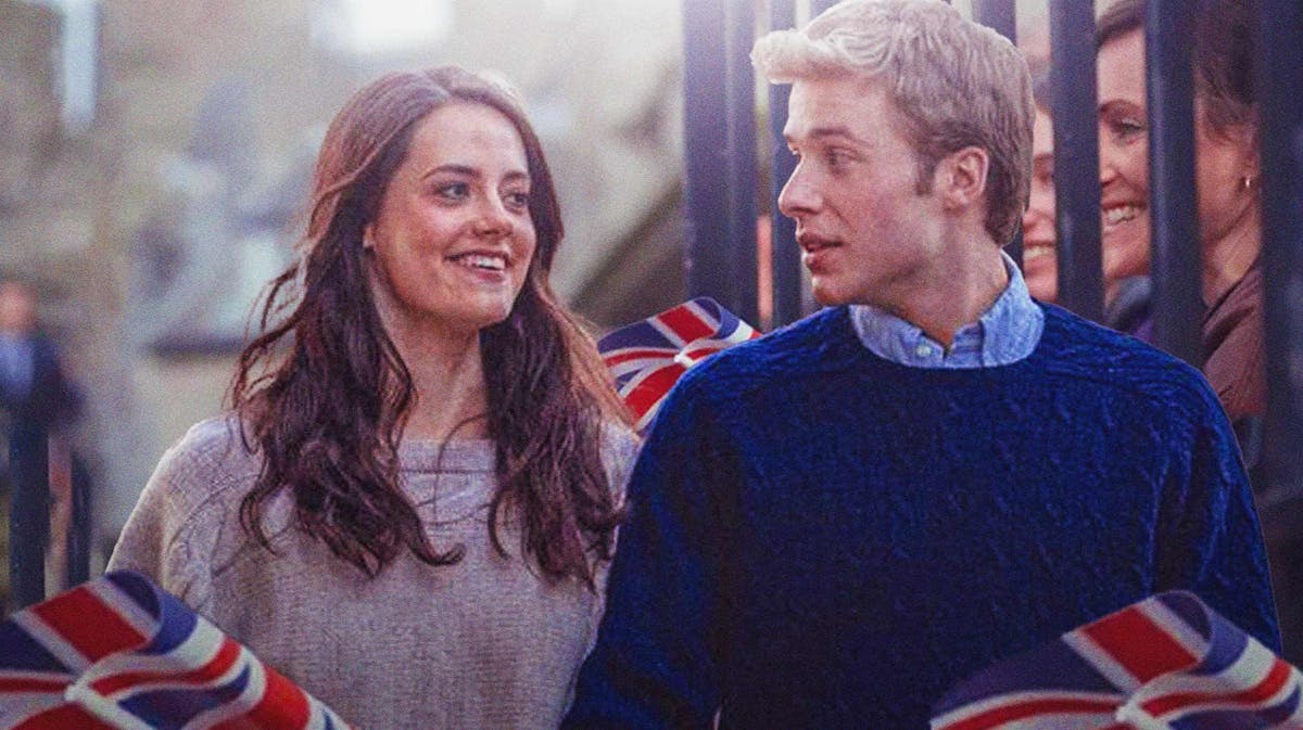 Meg Bellamy and Ed McVey as Prince William and Kate Middleton on The Crown.