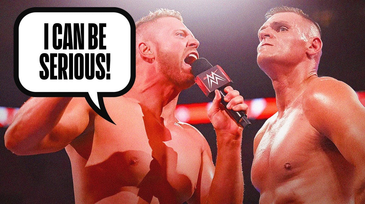 The Miz with a text bubble reading “I can be serious!” next to Gunther with the RAW logo as the background.