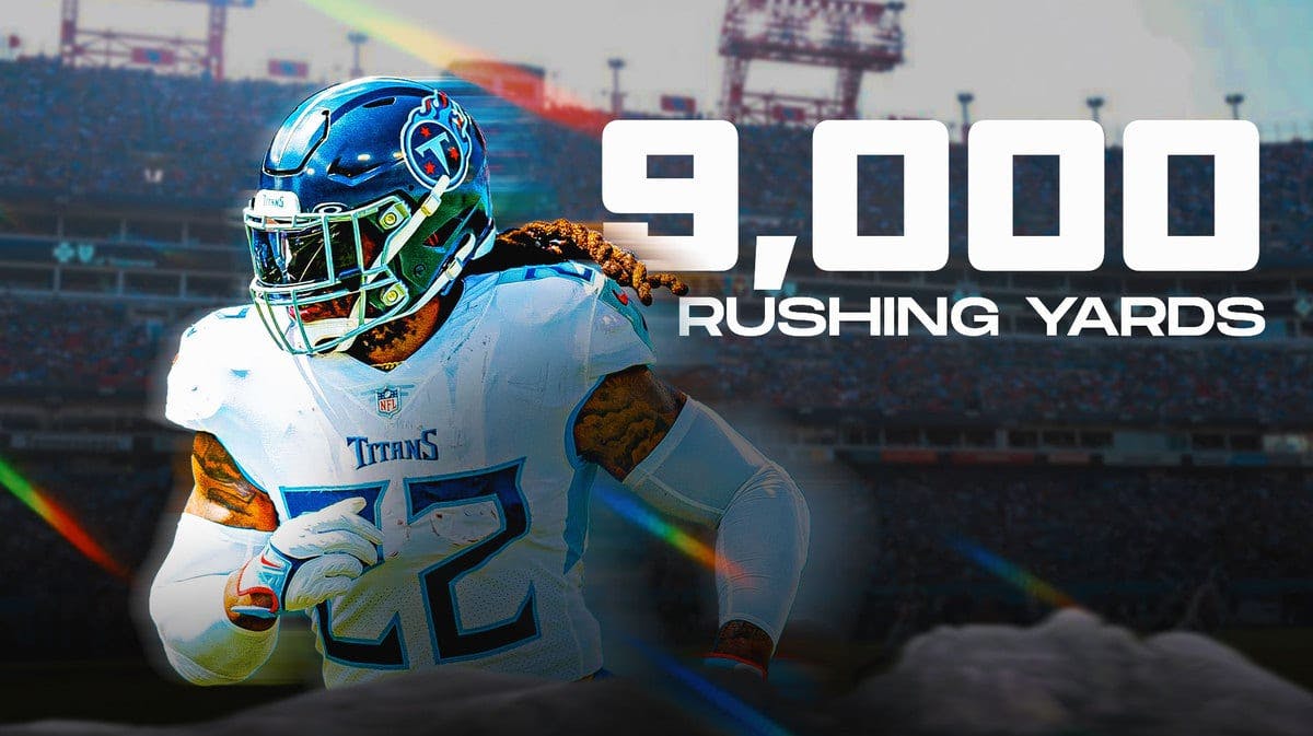 Tennessee Titans Derrick Henry and text graphic “9,000 Rushing Yards”