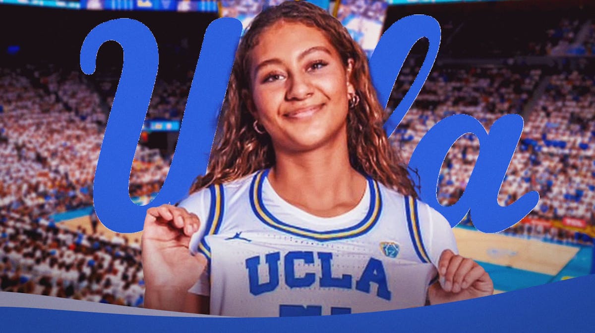Sienna Betts in a UCLA jersey with the UCLA logo in the background