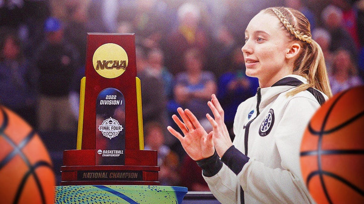 UConn women’s basketball player Paige Bueckers as if eyeing the NCAA women’s basketball championship trophy