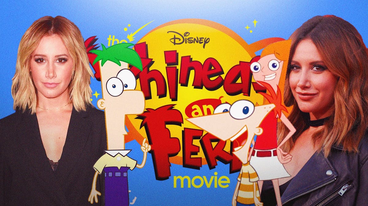 Ashley Tisdale next to Phineas, Ferb, and Candace, Phineas and Ferb logo background.