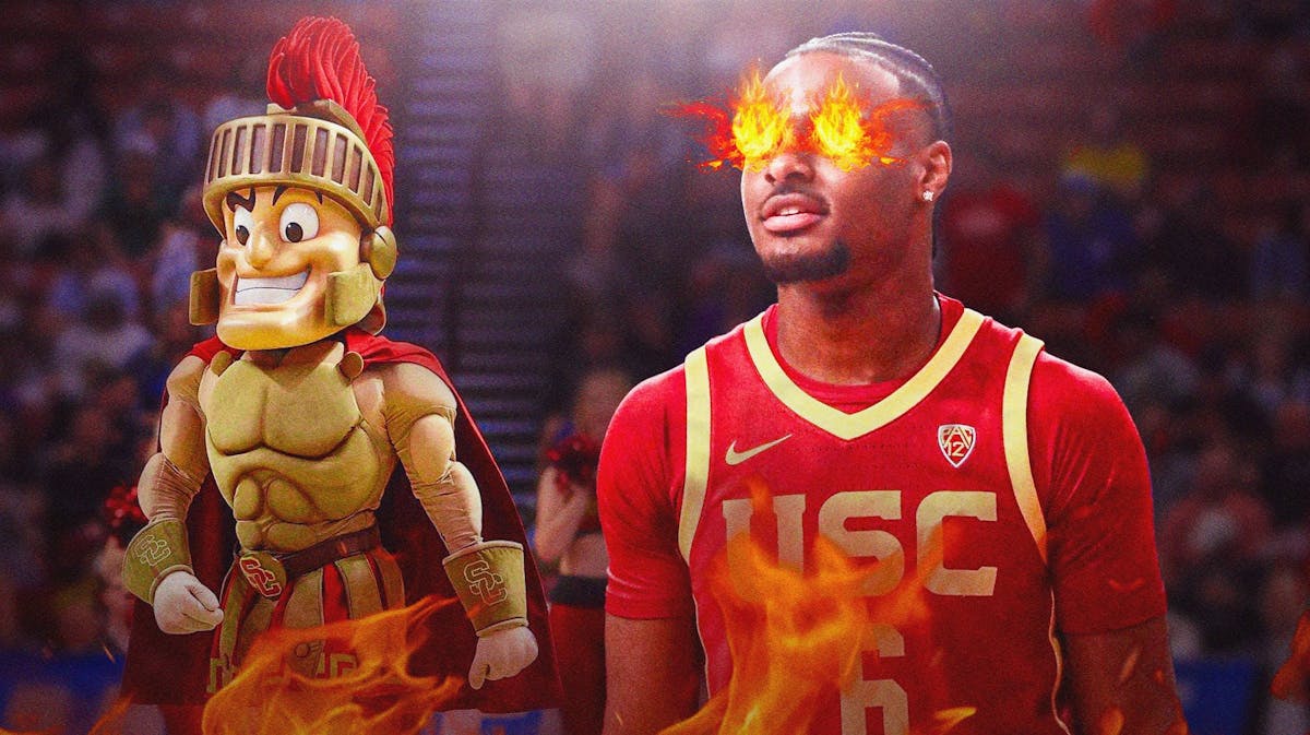 Bronny James of USC basketball with fire in eyes and with USC trojans mascot in the background