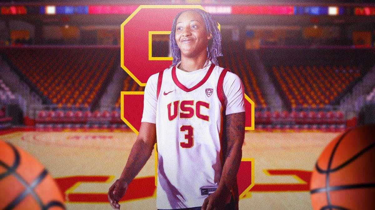 USC women’s basketball player Aaliyah Gayles in front of the USC logo on a basketball court