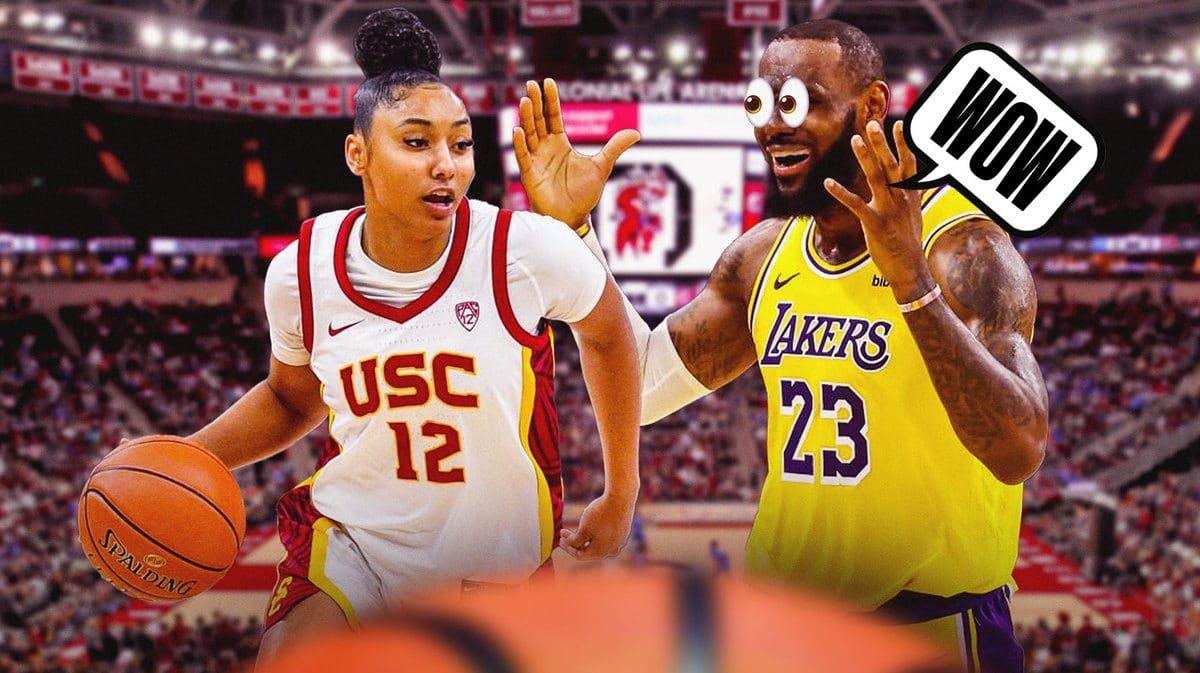 LeBron James with a text bubble saying “WOW” with the eye emojis 👀 on one side of the picture as if reacting to University of Southern California women’s basketball player JuJu Watkins on the other side of the picture