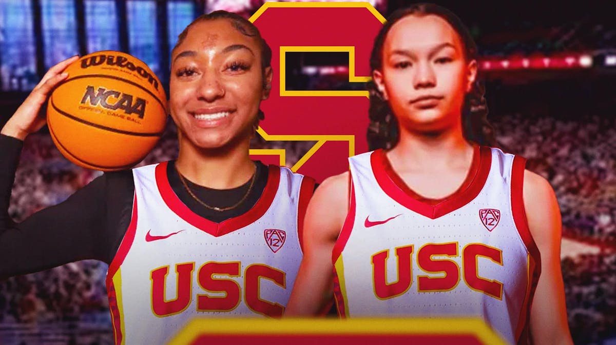 Kennedy Smith and Kayleigh Heckel in USC jerseys with the USC logo in the background