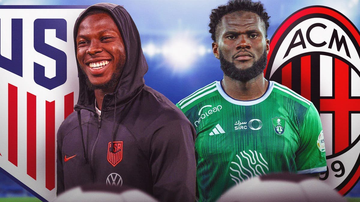 Yunus Musah and Franck Kessie next to each other, preferably standing in the same position, the USMNT and AC Milan logos behind them