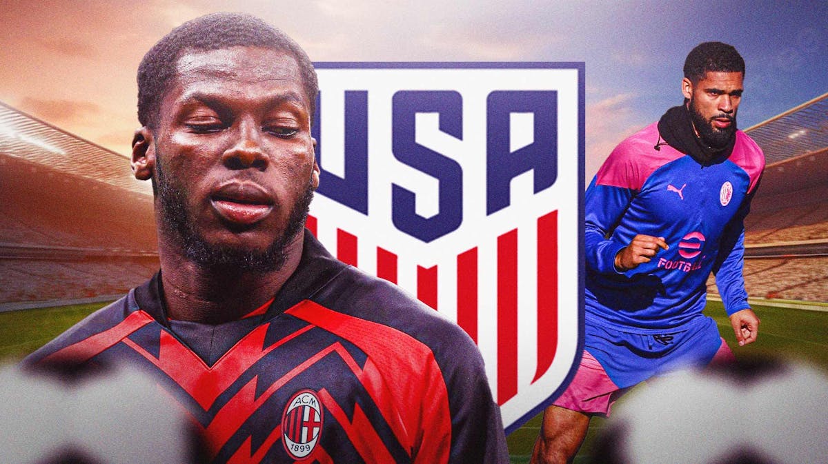 Yunus Musah in front of the USMNT and AC Milan and Champions League logos