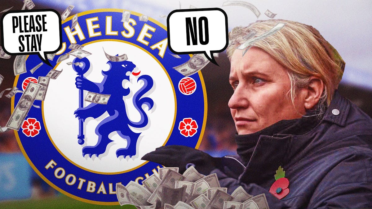 The Chelsea F.C. Women’s soccer team logo on one side of the image. The logo should be surrounded by money emojis and have a text bubble saying “Please stay” on the other side of the graphic should be new USWNT manager Emma Hayes (see photo at link) with a text bubble saying “No”