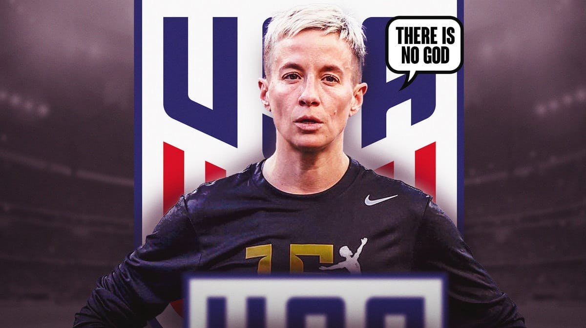 Megan Rapinoe saying: ‘There is no god’ in front of the USWNT logo
