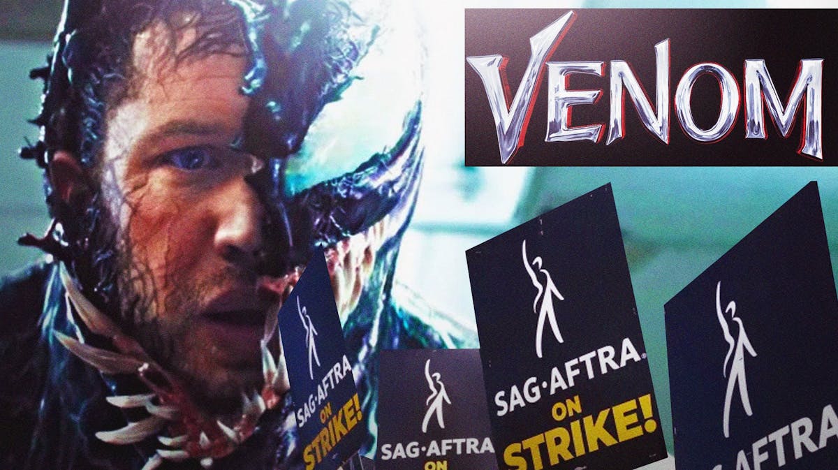 Tom Hardy as Venom next to movie logo and SAG-AFTRA strike picket signs.