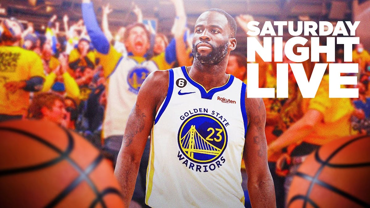 Golden State Warriors guard Draymond Green looks frustrated while fans laugh in the Background. The Saturday Night Live logo in the background.