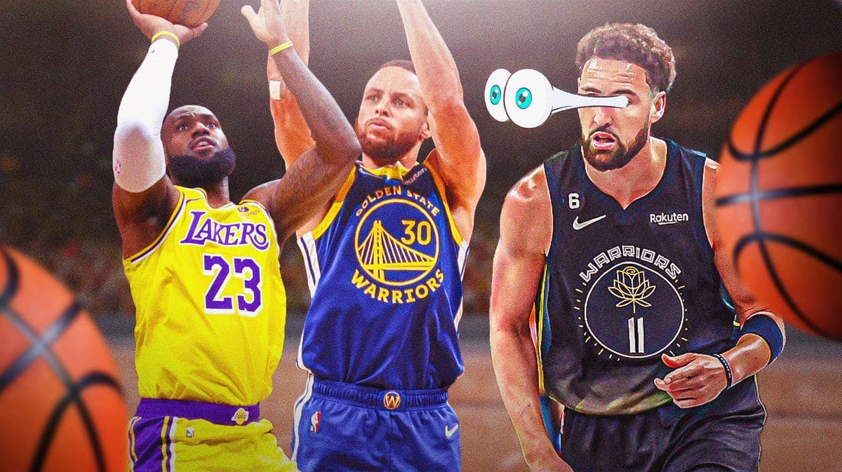 Warriors' Klay Thompson with his eyes popping out looking at Warriors' Steph Curry and Lakers' LeBron James both shooting basketballs.