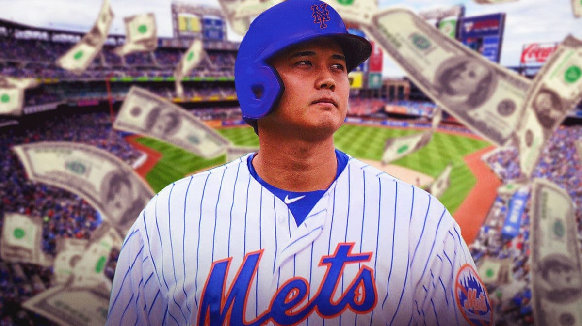 Shohei Ohtani photoshopped in a New York Mets uniform with money surrounding him and Citi Field in the background