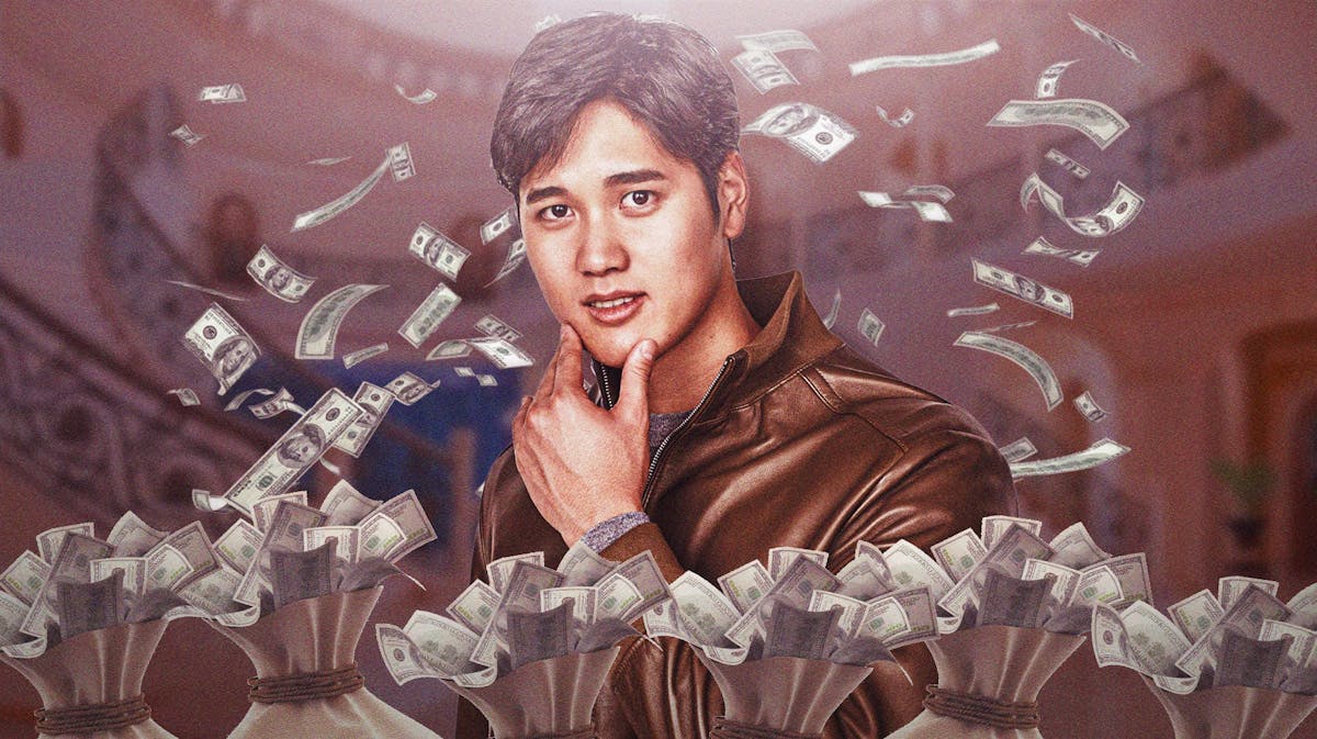 Shohei Ohtani in normal clothes with money everywhere