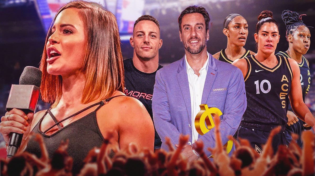 Sports broadaster Charly Arnolt, former NFL player Chris Manno and sports commentator Clay Travis on one side of the image. Travis looks like he’s offering dollar bills/holding he dollar bills emoji. On the other side of the image is Las Vegas Aces players Chelsea Gray, A’ja Wilson, and Kelsey Plum, “facing away” from Arnolt, Manno and Travis as if they are ignoring Travis' money.