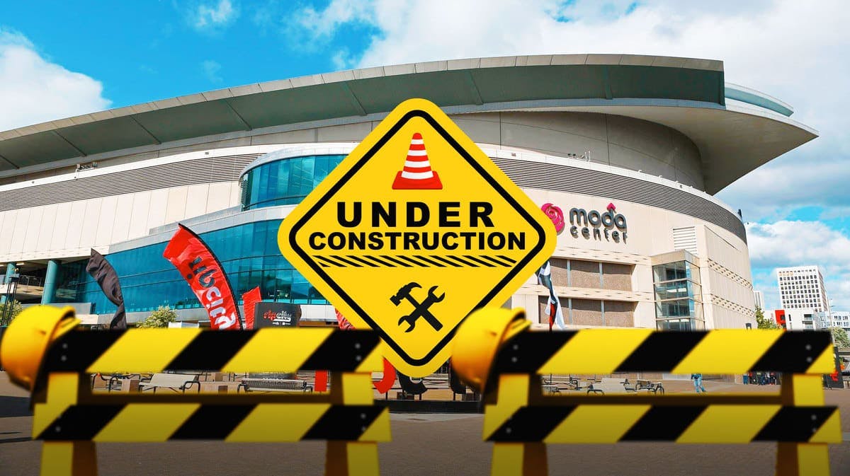 The Moda Center in Portland, with “Under Construction” signs in the front of it