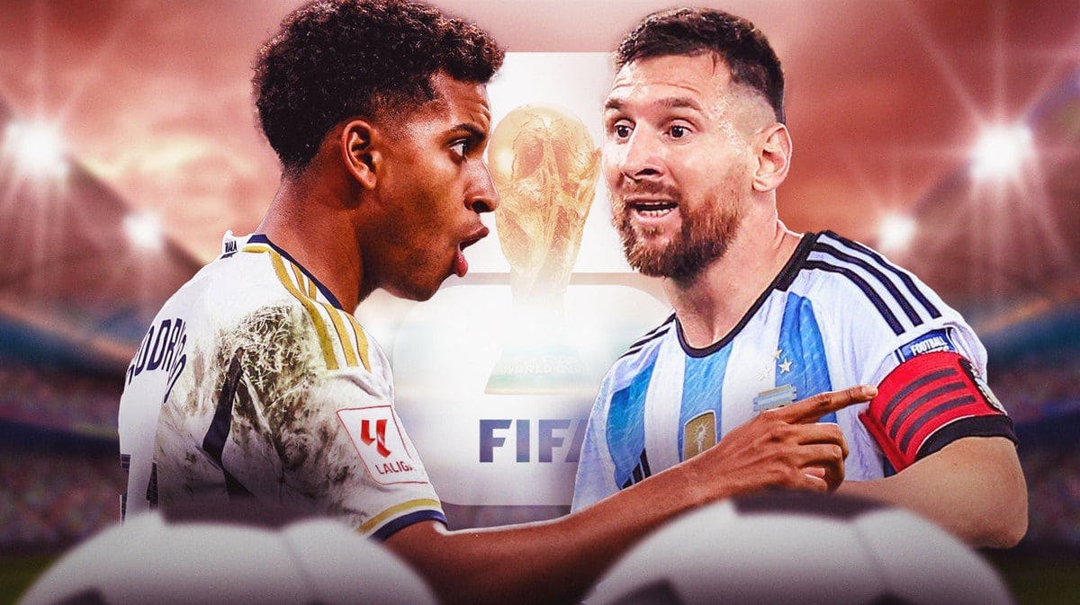 Lionel Messi and Rodrygo arguing with each other, the FIFA World Cup 2026 logo behind them