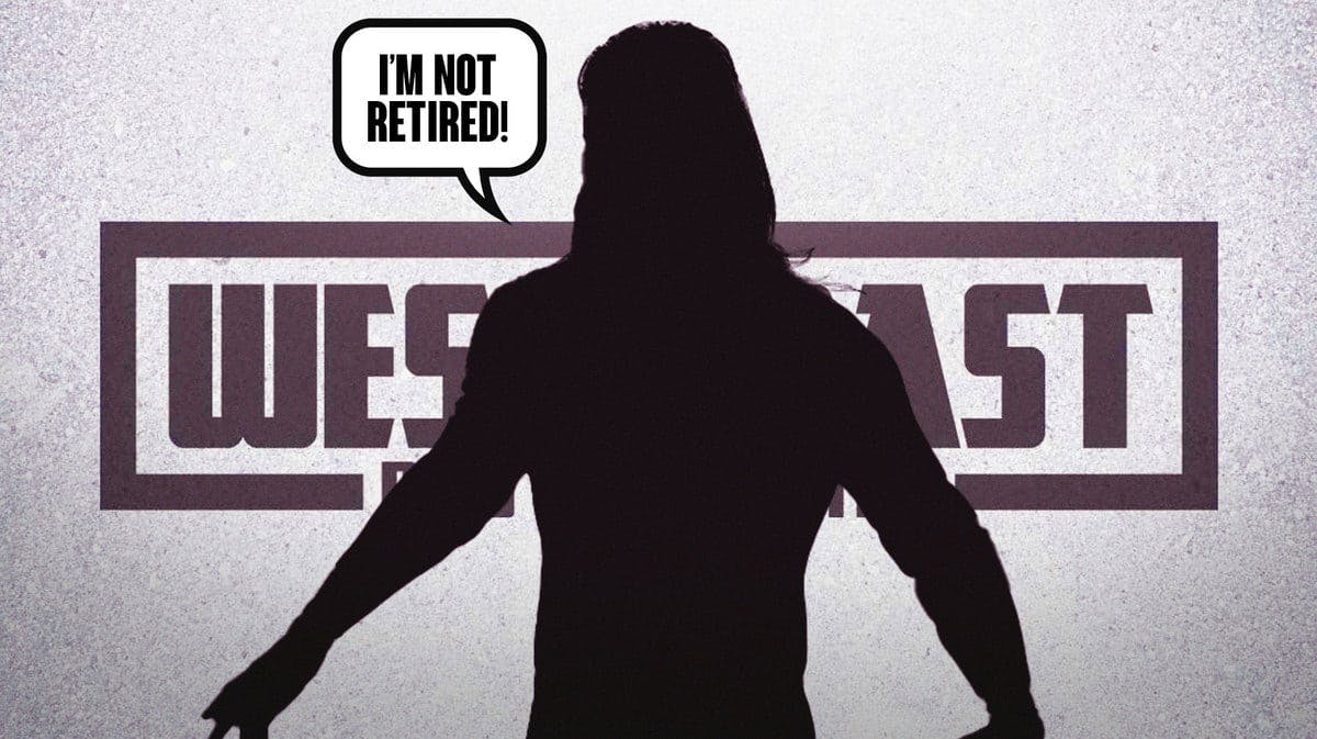 The blacked-out silhouette of Chris Hero with a text bubble reading “ I’m not retired!” with the West Coast Pro Wrestling logo as the background.