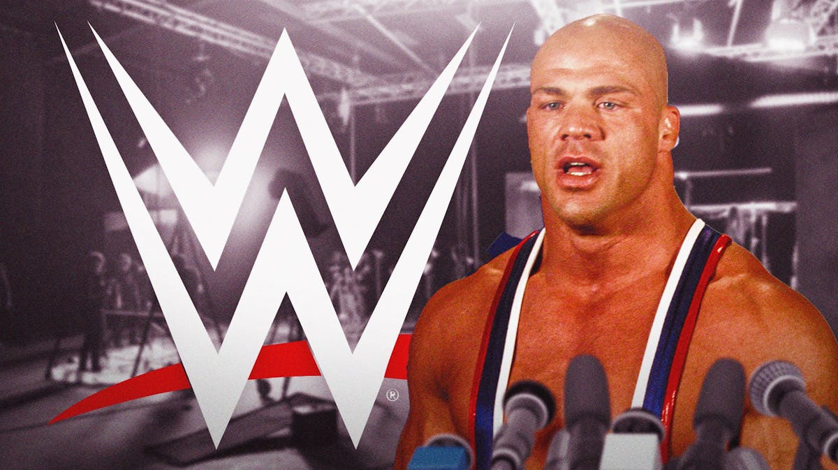 WWE logo next to Kurt Angle. Movie set background.