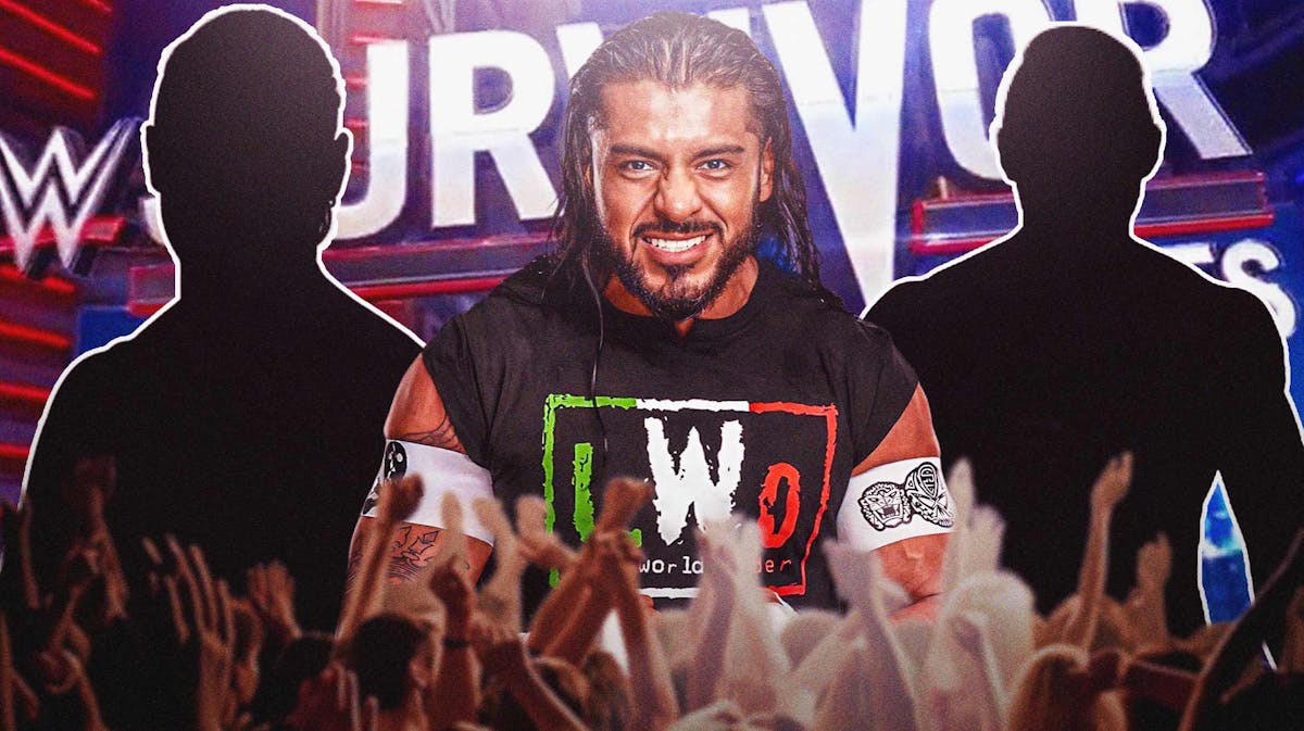 Santos Escobar with the blacked out silhouette of Angel Garza on his left and the blacked-out silhouette of Humberto Carrillo on his right with the 2023 Survivor Series logo as the background.
